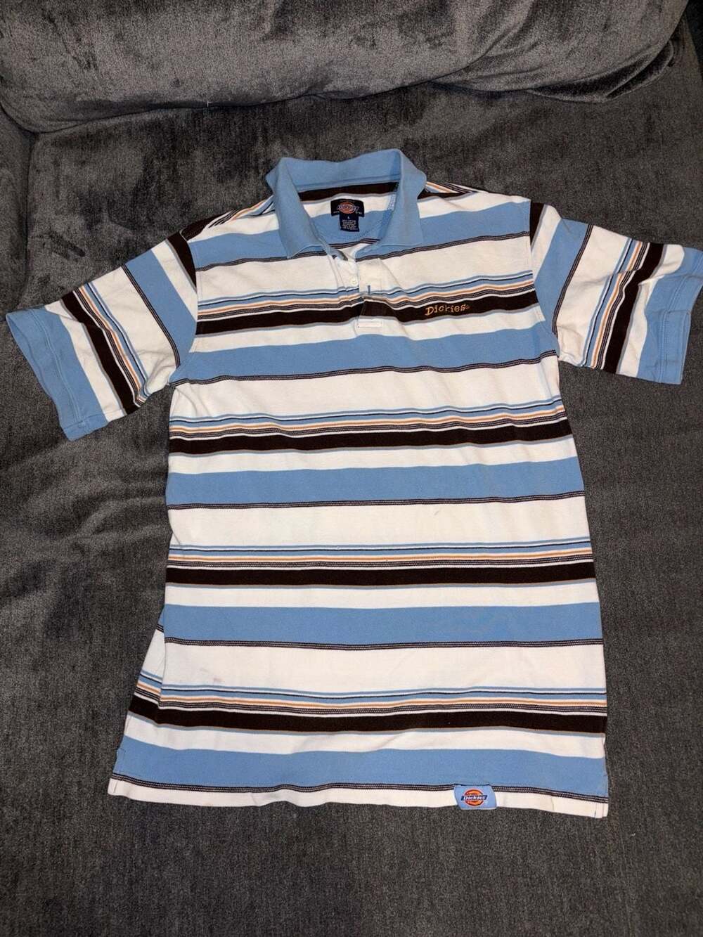 Dickies Striped Polo Shirt Size L Blue Brown White Short Sleeve Y2K